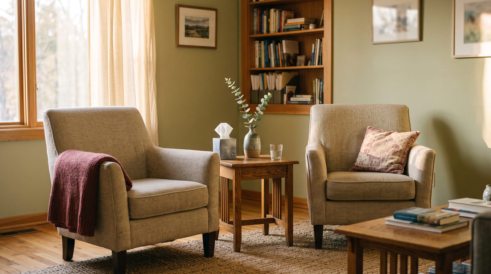 A quiet counseling office with two upholstered armchairs facing each other beside a sunlit window.