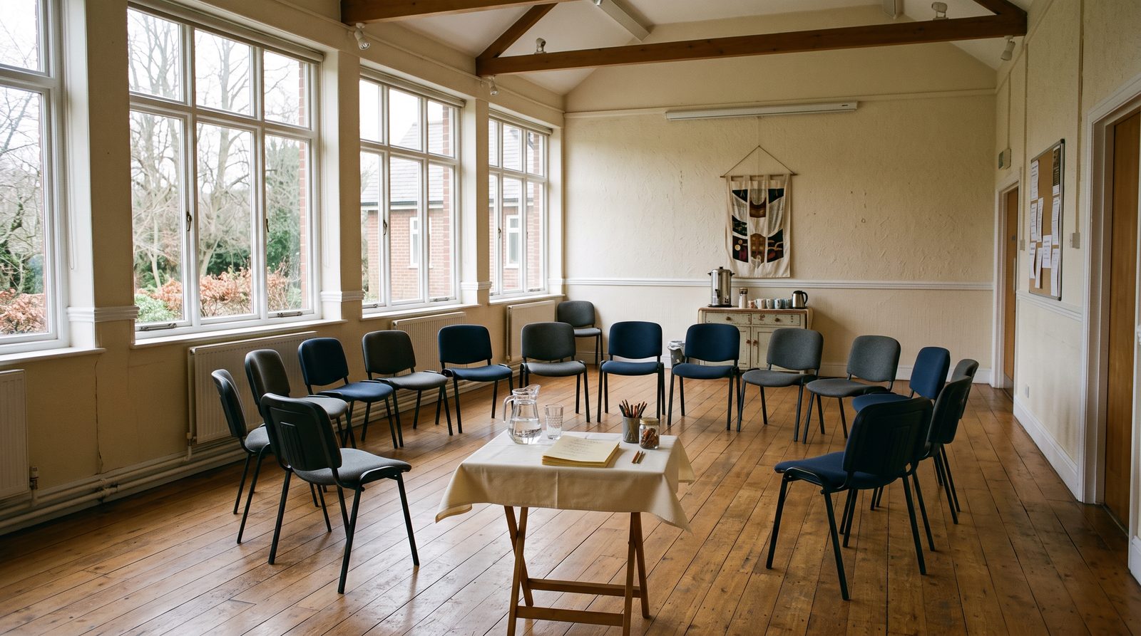 A community meeting room arranged with a small circle of chairs beside tall daylight windows.